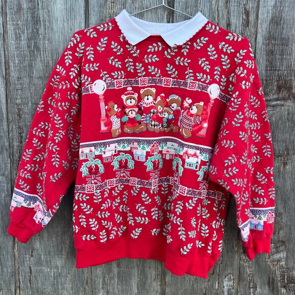 VTG 80s Spumoni Christmas Caroling Teddy Bear Puff Print Sweatshirt Collar M - Picture 1 of 9